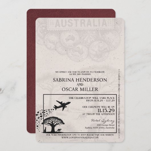 Burgundy Australia Passport Wedding Einladung (Vorne/Hinten)