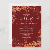 Burgundy Autumn Fall Floral Photo Wedding Einladung (Vorderseite)