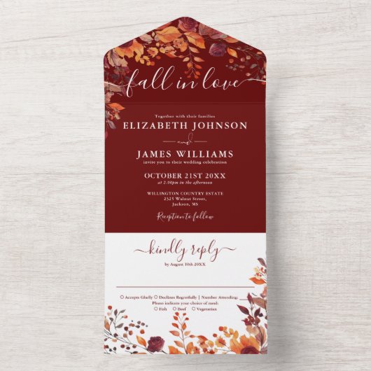 Burgundy Autumn Floral Fall In Love Wedding All In One Einladung (Innen Boden)