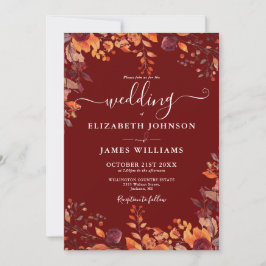 Burgundy Autumn Rustic Floral Leaves Wedding Einladung