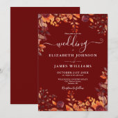 Burgundy Autumn Rustic Floral Leaves Wedding Einladung (Vorne/Hinten)
