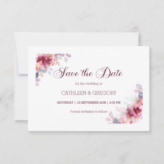Burgundy Autumn Watercolor Calligraphy Wedding Save The Date (Vorderseite)