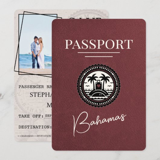 Burgundy Bahamas Passport Save the Date (Vorne/Hinten)