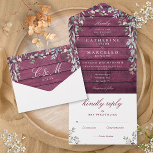 Burgundy Barn Wood Floral Grüne Cascade Wedding All In One Einladung