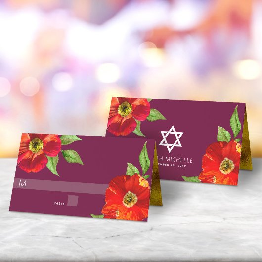 Burgundy Bat Mitzvah Bold Floral Watercolor Modern Platzkarte