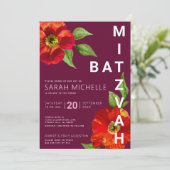 Burgundy Bat Mitzvah Floral Watercolor Bold Modern Einladung (Stehend Vorderseite)