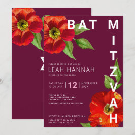 Burgundy Bat Mitzvah Floral Watercolor Modern Einladung