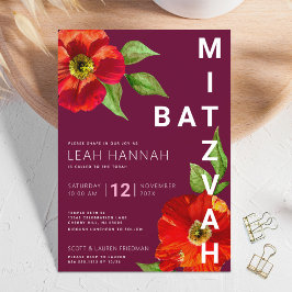 Burgundy Bat Mitzvah Floral Watercolor Modern Einladung