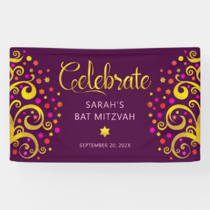 Burgundy Bat Mitzvah Goldene Foil Script Tree of L Banner