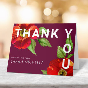 Burgundy Bat Mitzvah Red Floral Watercolor Modern Dankeskarte