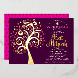 Burgundy Bat Mitzvah Tree of Life Script Real Gold Folieneinladung