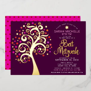 Burgundy Bat Mitzvah Tree of Life Script Real Gold Folieneinladung
