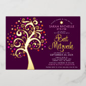 Burgundy Bat Mitzvah Tree of Life Script Real Gold Folieneinladung (Vorderseite)