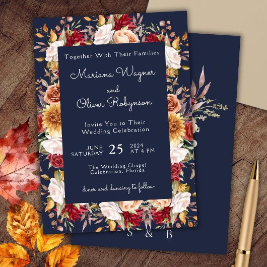 Burgundy Beige Navy Blue Fall Floral Wedding Einladung