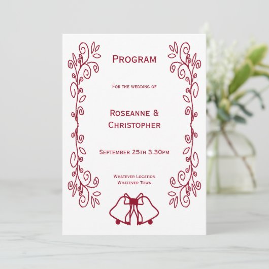 Burgundy Bells Scrollwork Design Wedding Programm (Stehend Vorderseite)