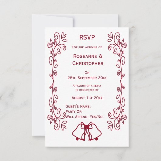 Burgundy Bells Scrollwork Design Wedding RSVP Karte (Vorderseite)