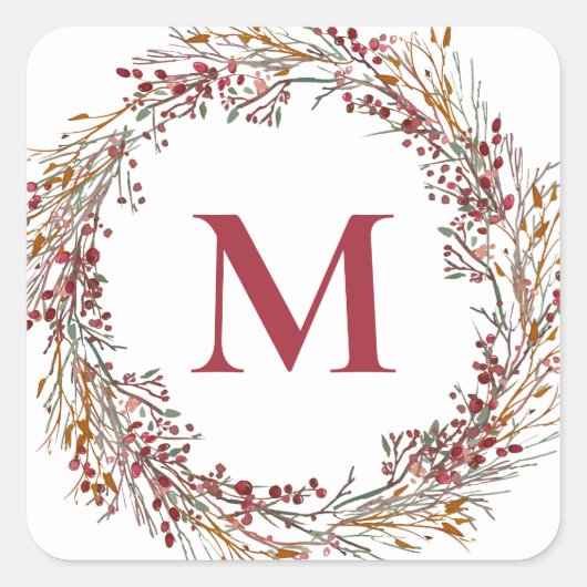 Burgundy Berries Wreath Monogram Holiday Quadratischer Aufkleber (Vorderseite)