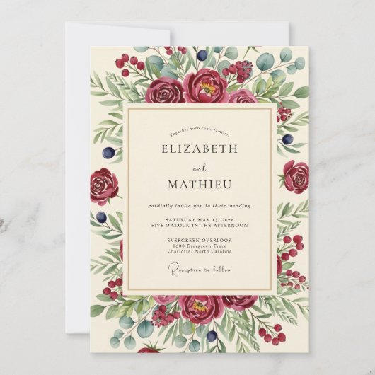 Burgundy Berry Botanical Wedding Einladung (Vorderseite)