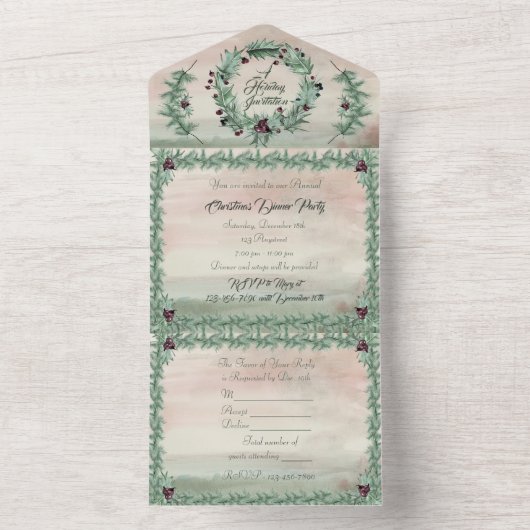 Burgundy Berry Holly Pine Christmas All In One Einladung (Innen Boden)