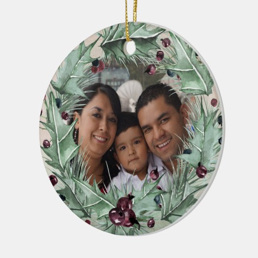 Burgundy Berry Holly Pine Christmas Foto Keramik Ornament (Links)