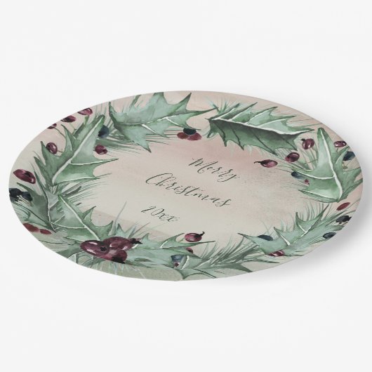 Burgundy Berry Holly Pine Christmas Pappteller (Schrägansicht)