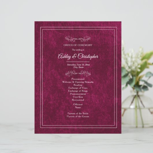 Burgundy Berry Velvet White Wedding Program (Stehend Vorderseite)