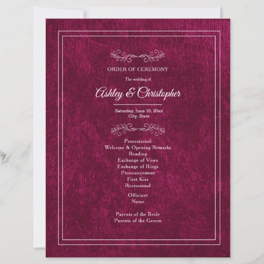 Burgundy Berry Velvet White Wedding Program (Vorderseite)