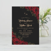 Burgundy Black and Gold Rose Floral Boho Wedding Einladung (Stehend Vorderseite)