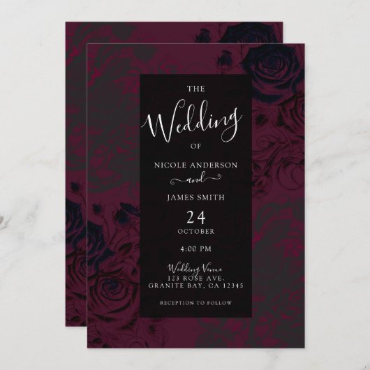 Burgundy & Black Dark Garden Gothic Glam Wedding Einladung (Vorne/Hinten)