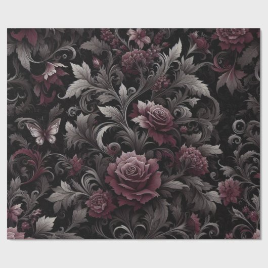 Burgundy Black Floral Geschenkpapier (Flach)