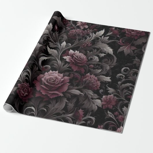 Burgundy Black Floral Geschenkpapier (Ungerollt)