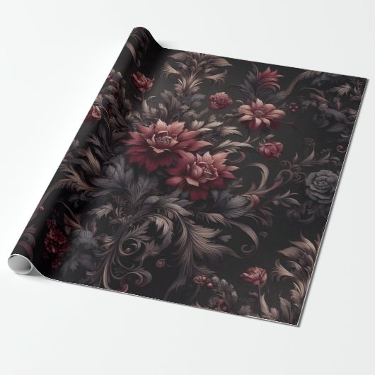 Burgundy Black Floral Geschenkpapier (Ungerollt)