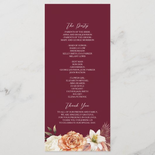 Burgundy Black Floral Wedding Programm (Rückseite)
