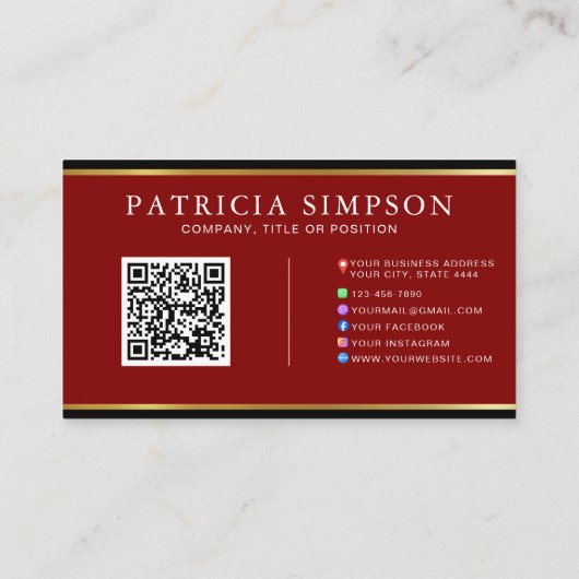 Burgundy Black Gold | QR Code, Logo & Social Media Visitenkarte (Rückseite)