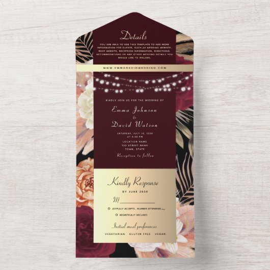 Burgundy Black String Lights Hochzeit in O All In One Einladung (Innen Boden)