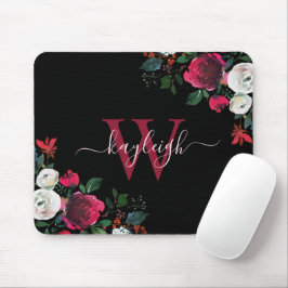 Burgundy Black Watercolor Floral Name Mit Monogram Mousepad