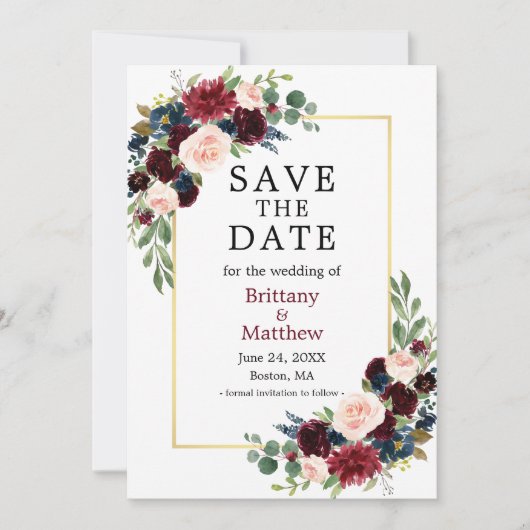 Burgundy Blauer Blume Eleganter Goldrahmen Save The Date (Vorderseite)