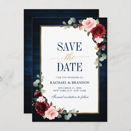 Burgundy Blauer Navy Blauer Goldrahmen Save the Da (Vorne/Hinten)