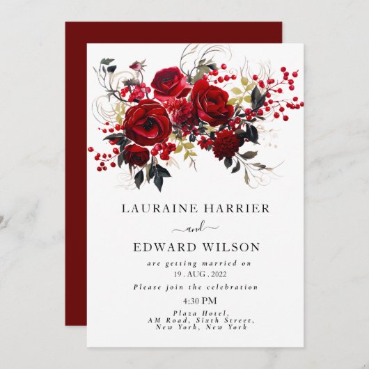 Burgundy Bliss: Elegantes Blumenmuster in Win Einladung (Vorne/Hinten)