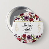 Burgundy Bliss Floral Bridesmaid Mit Monogramm But Button (Vorne & Hinten)