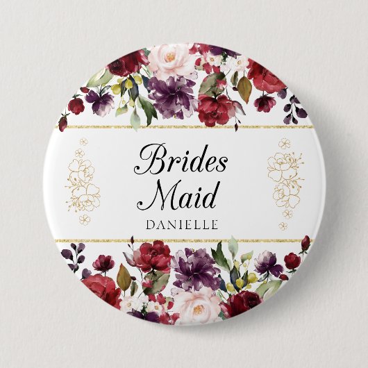Burgundy Bliss Floral Bridesmaid Mit Monogramm But Button (Vorderseite)