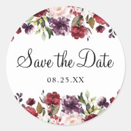 Burgundy Bliss Floral Watercolor Save the Date Runder Aufkleber