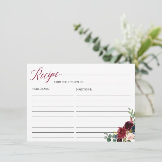 Burgundy Bloom Bloral Brautparty Rezept Card Begleitkarte (Stehend Vorderseite)