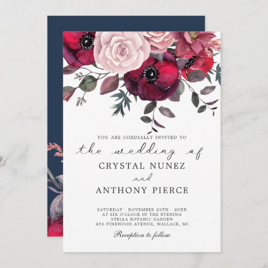 Burgundy Bloom Blush Blue Floral Wedding Einladung (Vorne/Hinten)