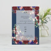 Burgundy Bloom Boho Blue Pink Rose Wedding Overlay Einladung (Stehend Vorderseite)