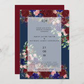 Burgundy Bloom Boho Blue Pink Rose Wedding Overlay Einladung (Vorne/Hinten)