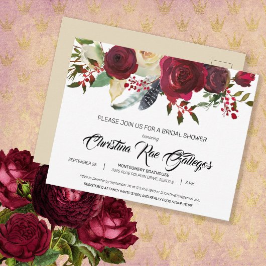 Burgundy Bloom Boho Floral Brautparty Einladung Postkarte