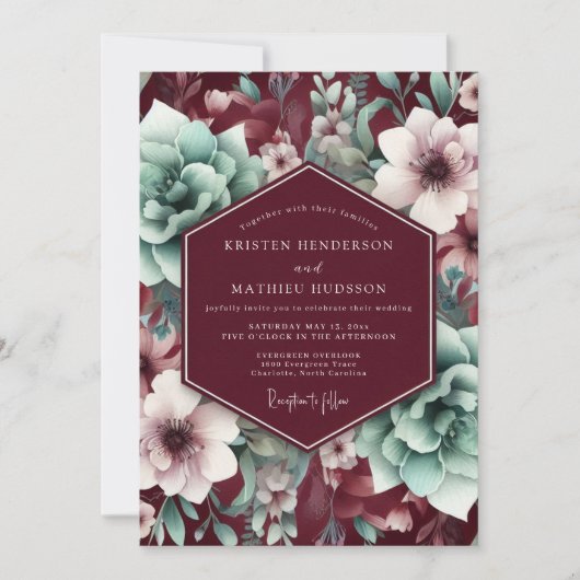 Burgundy Bloom Elegance Wedding Einladung (Vorderseite)