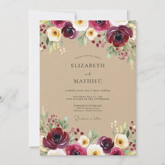 Burgundy Bloom Meadow Wedding Einladung (Vorderseite)