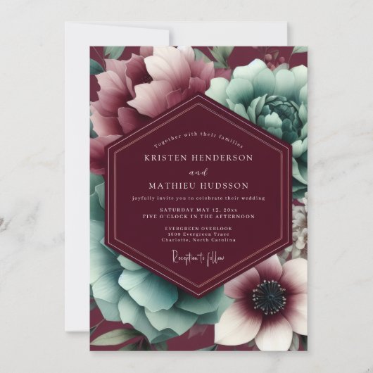 Burgundy Bloom Moody Wedding Einladung (Vorderseite)